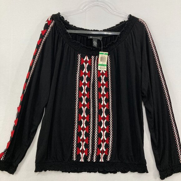 New INC International Concepts Large Black Red Boho Pattern Embroidered Blouse - Picture 1 of 8